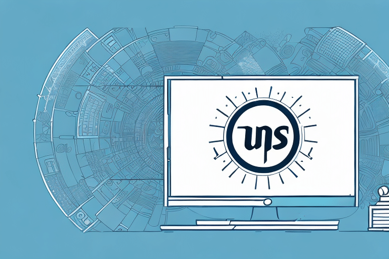 A computer monitor displays a stylized UP logo with a sunburst on a blue background, reminiscent of UPS WorldShip. Behind the computer, an intricate circular pattern resembles a blueprint or technical schematic, hinting at the precision often needed to fix shared files.