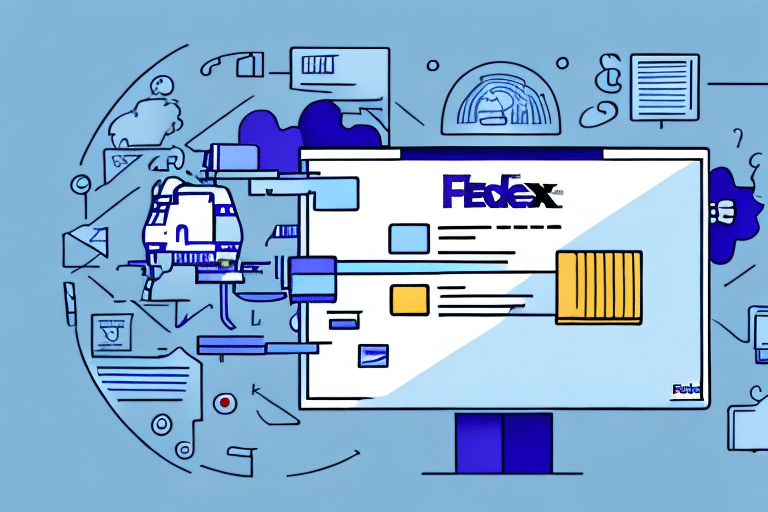 Illustration of a computer monitor displaying the FedEx logo, with digital elements like clouds and documents symbolizing connectivity via FedEx Ship Manager. The light blue background features abstract icons and lines, hinting at troubleshooting certificate errors.