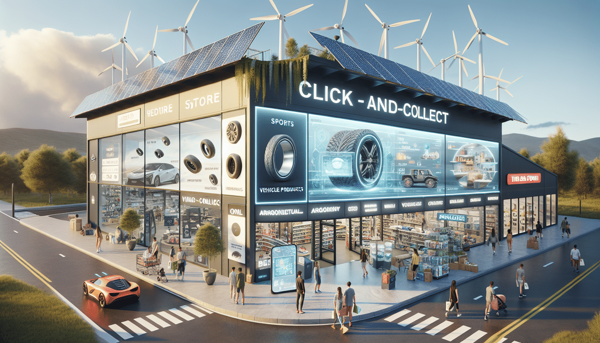 Futuristic click-and-collect store, akin to a Canadian Tire case study, with large digital screens displaying products like tires and sports gear. Solar panels and wind turbines adorn the roof. An electric car is parked outside on this sunny day with a clear blue sky.