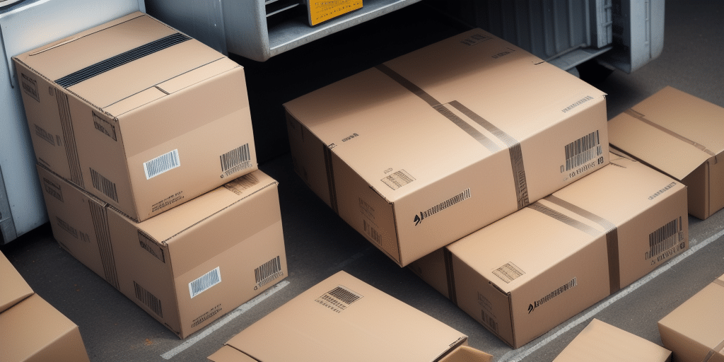 A group of cardboard boxes stacked and scattered on a warehouse floor awaits efficient data management. Some boxes are being loaded into the back of a truck using UPS Worldship. Barcodes and labels are visible on the various-sized boxes, ensuring smooth logistics operations.