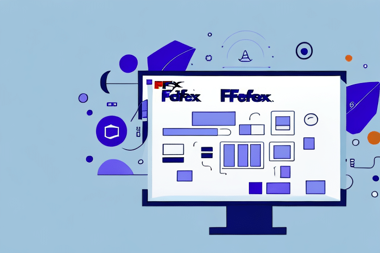 A computer monitor showcases overlapping versions of the word Forex and various website layout elements, reminiscent of digital design themes. Abstract geometric shapes and icons float around on a blue background, as if to enable remote stations in technologys vast landscape.