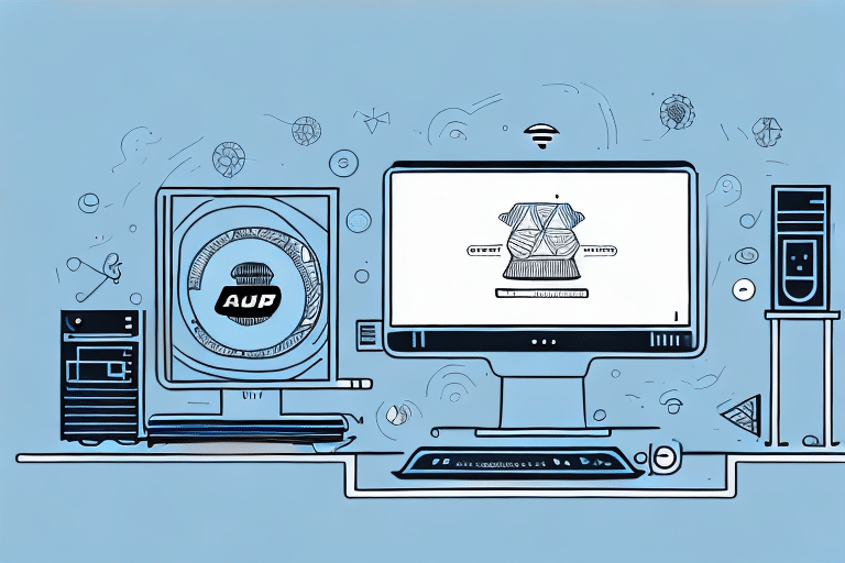 A stylized illustration of a remote workstation setup with various technology icons. The screen displays geometric shapes and text, while abstract symbols surround the setup, suggesting connectivity and innovation against a blue background, echoing themes of UPS Worldship 2018.