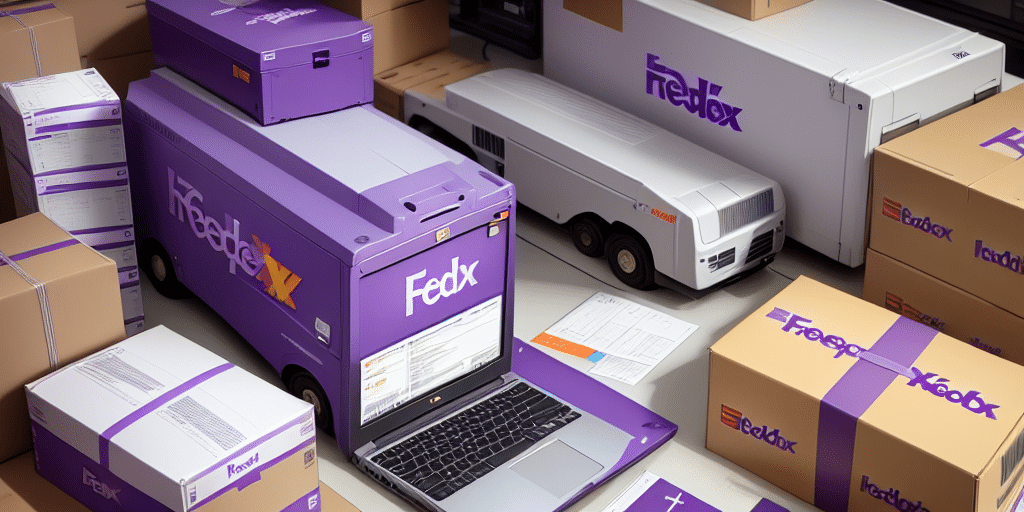 A laptop running FedEx Ship Manager sits atop a FedEx package, surrounded by various boxes and model trucks in brown and purple hues. Shipping labels and forms are scattered around, creating a hub of logistics activity.