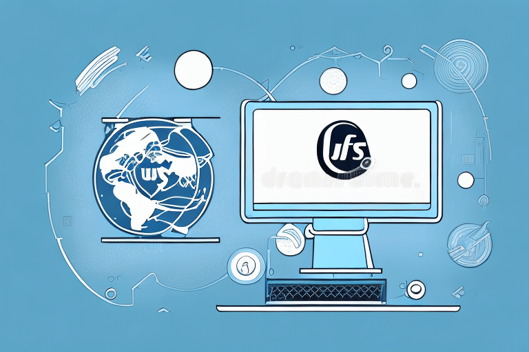 Illustration of a computer with the UFS logo on the screen, surrounded by abstract tech elements and a globe with connected lines, symbolizing global digital connectivity. A nod to SQL Server Service and troubleshooting in the seamless flow of data. The background is blue.