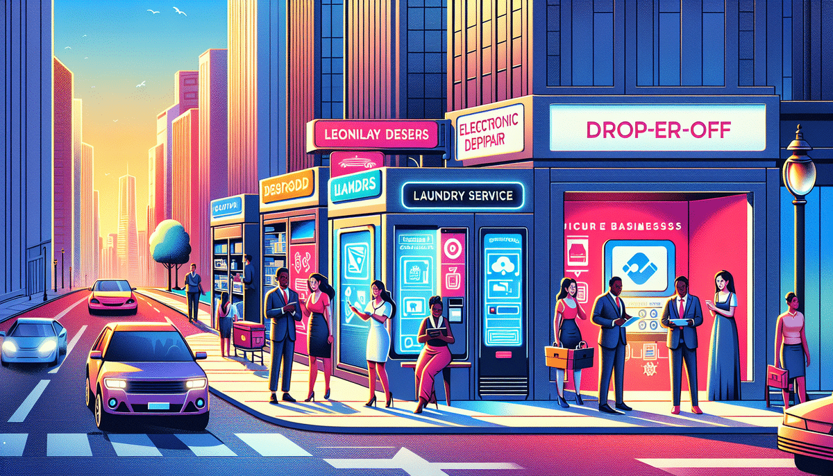 A vibrant city street scene at sunset, bustling with diverse people utilizing storefronts, from food to laundry drop-off services. Bright signs advertising business benefits and scattered cars complete the lively urban atmosphere.