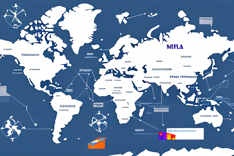 An interactive, stylized abstract world map on a blue background features continents in white with interconnected lines and labels. Various shapes, arrows, and symbols are scattered across the map. Some text is present, but mostly nonsensical or blurred. Perfect for visualizing FedEx shipping times globally.