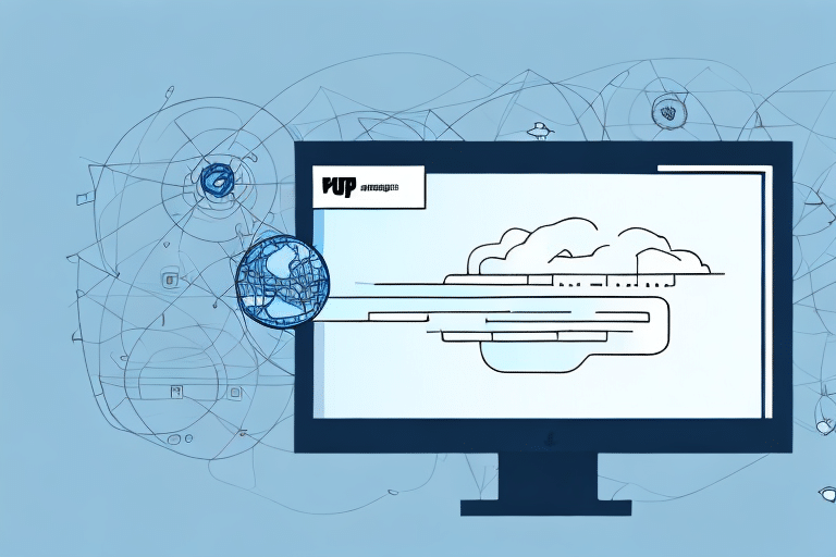 A computer monitor displays a digital cloud and globe, symbolizing cloud computing and global connectivity, much like how to export CSV files seamlessly across platforms. The background features abstract network lines and tech icons, set against a light blue backdrop.