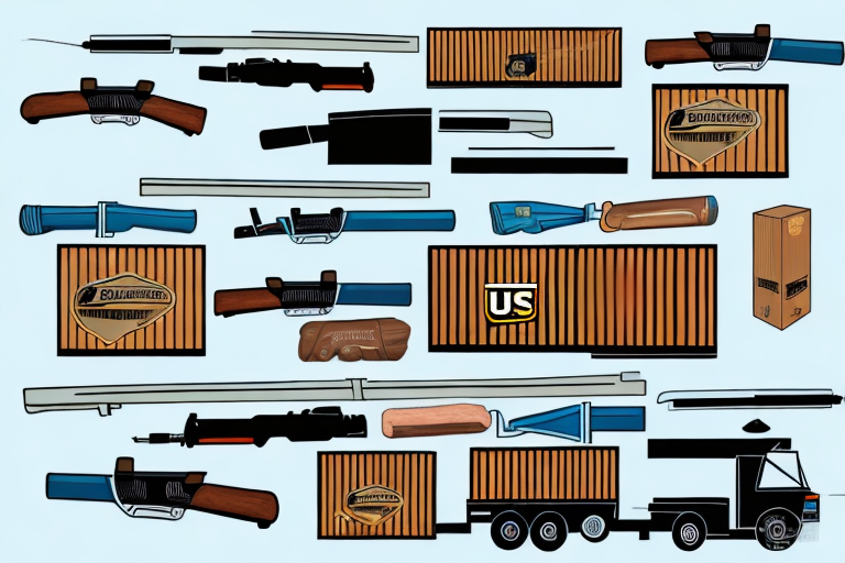 Illustration of various disassembled components of telescoping tools and containers on a light blue background, including handles, extension rods, and shipping boxes with logos like US and Dodgehaven. A UPS truck is shown at the bottom.