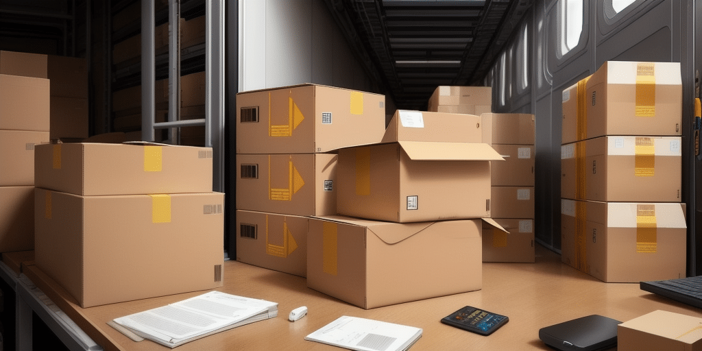 A room filled with stacks of cardboard boxes, some open and others sealed, surrounds a wooden table cluttered with documents, a calculator, and a small white object. In the background, near the large shelf, theres evidence of a UPS Worldship setup in progress.