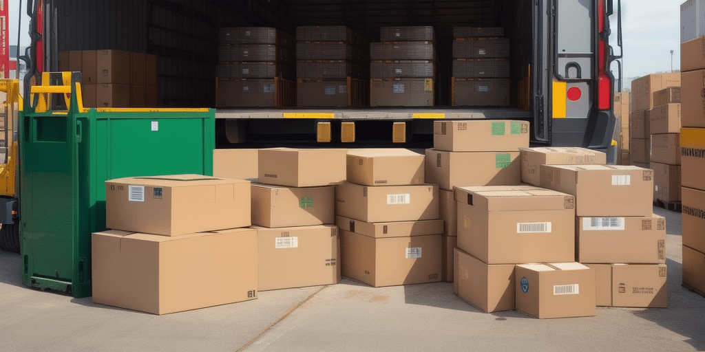 Boxes stacked outside an open delivery truck, ready for loading or unloading. A green container is next to the boxes, and other containers are visible in the background. Its as orderly as a Repair UPS WorldShip process—efficient and streamlined.