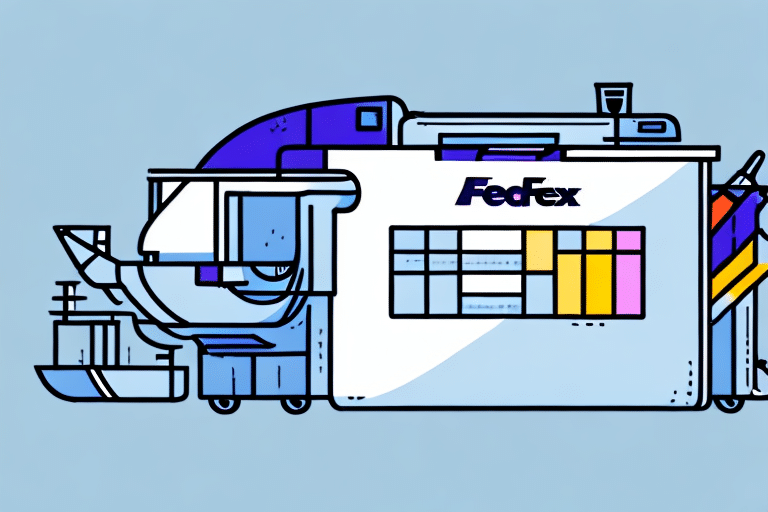 This illustration showcases a stylized FedEx delivery truck, enhanced by geometric shapes and vibrant colors, set against a light blue background. It evokes the efficiency of FedEx Ship Manager in managing shipments seamlessly.