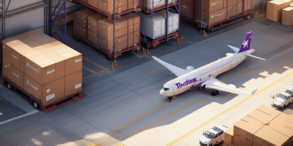 A purple and white cargo airplane, possibly set for FedEx Ship Manager operations, is parked at an airport loading area surrounded by large stacks of boxes and cargo containers. Several vehicles are nearby, positioned on the warehouse tarmac, ready to assist in any troubleshooting needs.