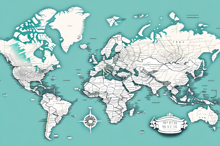 A vintage-inspired world map with a teal background showcases white continents outlined in ornate borders with intricate, hand-drawn details. At the bottom, a decorative compass rose is centered alongside an ornate label, echoing the spirit of global exploration and international shipping.