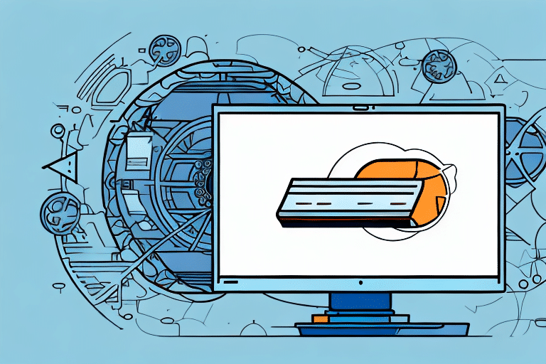 A desktop computer screen showcases a credit card icon centrally positioned, set against a backdrop of abstract geometric shapes and digital symbols. Evoking themes of digital finance, the design features blues and oranges, reminiscent of maximum security interfaces used in platforms like UPS WorldShip.