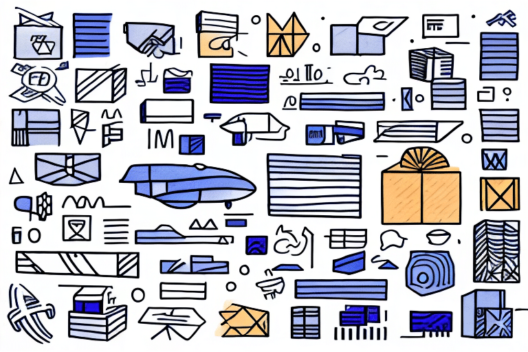 A colorful illustration inspired by FedEx, featuring abstract geometric shapes, lines, and patterns in blue, orange, and black. The design includes rectangles, circles, and triangular shapes with varied textures and styles that create a dynamic, modern composition reminiscent of global commodities.