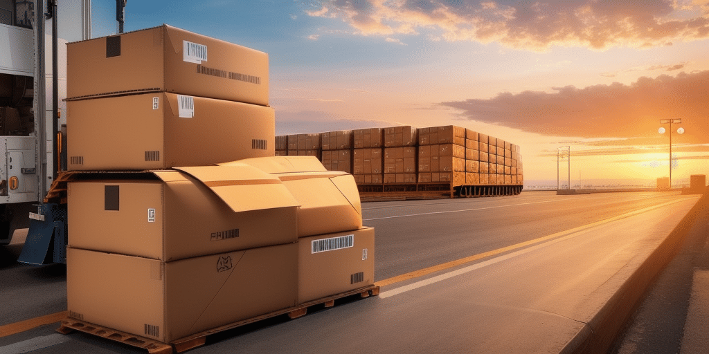 A group of large cardboard boxes, ready for UPS WorldShip processing, is stacked on a pallet near a loading dock under a sunset sky. More boxes await in the background on another pallet, with streetlights and the horizon adding to the scene.