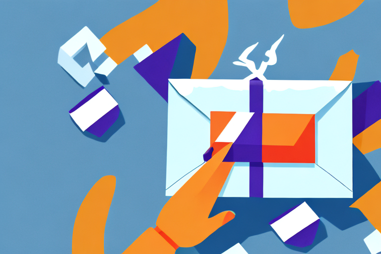 A digital illustration of hands holding a gift wrapped in light blue paper with a purple ribbon, reminiscent of FedEx Ship Manager efficiency. The gift box emits a soft glow, accompanied by floating paper fragments, against a contrasting blue background.