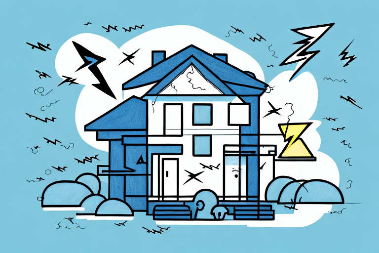 Illustration of a blue house with abstract elements like lightning bolts and swirling lines, conveying a sense of movement and energy. Against a light blue sky with white clouds, it subtly hints at what you need to know about the dynamics influencing residential surcharge.