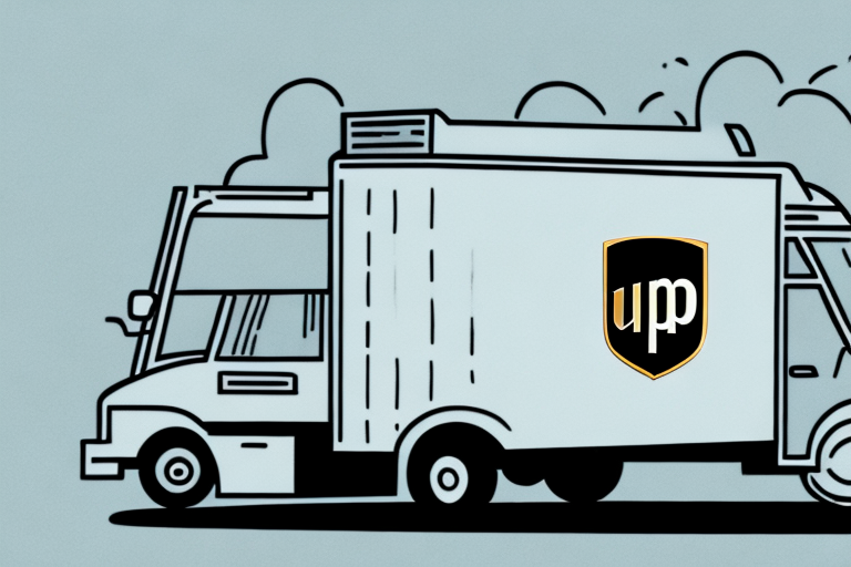 Illustration of a delivery truck with a logo featuring a black shield and the letters u and p in gold and white. Its carrying UPS packages, insured for safe transit. The truck is positioned sideways with sketched clouds in the background on a light blue backdrop.