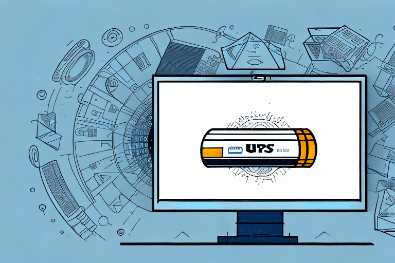 A digital illustration showcases a computer monitor displaying a UPS battery icon. Encircling the screen are abstract technology-themed elements like gears and circuit patterns, reminiscent of UPS Worldship features, all set against a light blue background.