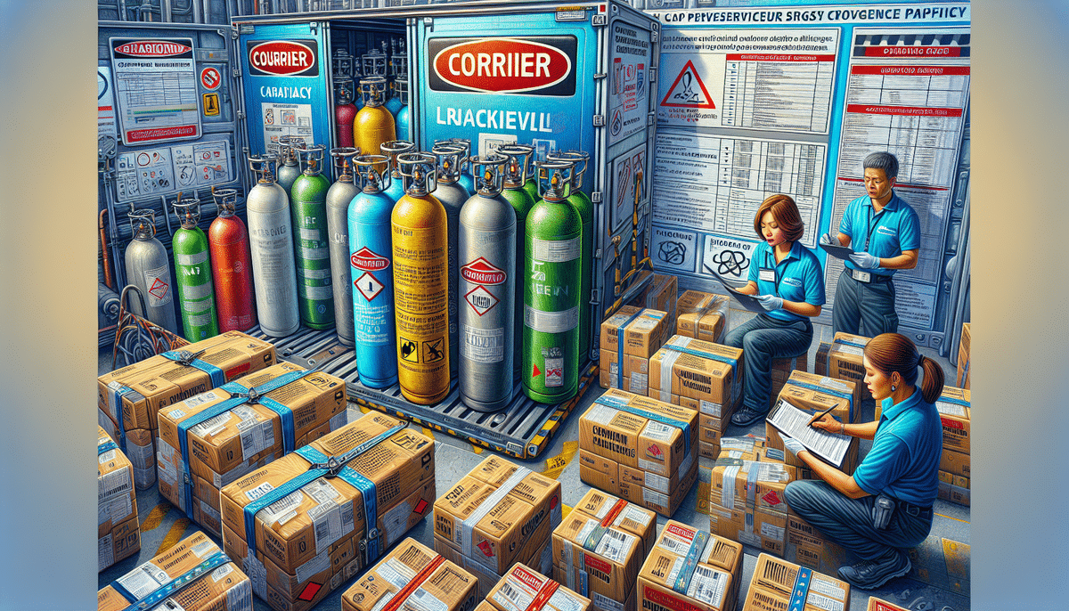 Three workers in blue uniforms efficiently organize stacks of labeled boxes around large compressed gas cylinders in the warehouse. Walls are covered with safety instructions in different languages, reflecting a busy yet meticulously organized environment.