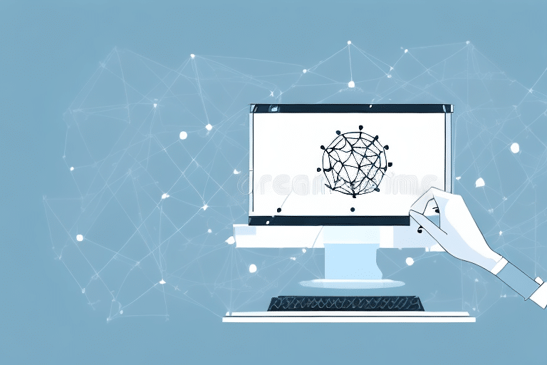 A digital illustration of a hand using a touch screen monitor displaying a network diagram with interconnected nodes. The background features shared folders and interconnected points, symbolizing a digital network or communication system.