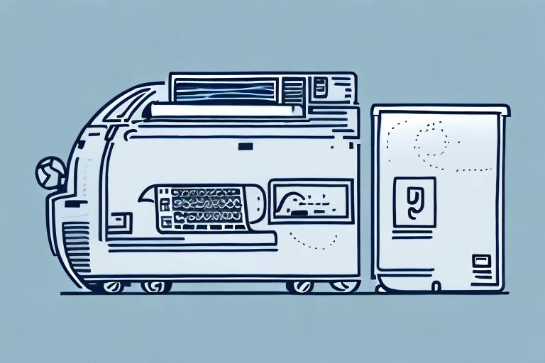 The illustration depicts a vintage, futuristic machine with dials, switches, and a screen for troubleshooting issues. Paired with a tall container, the retro design showcases intricate details and a blue tint. Its reminiscent of classic technologies like those used in UPS Worldship software advancements.