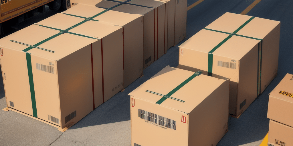 Several large cardboard boxes, secured with green straps and prepared using UPS WorldShip, are arranged on a paved surface. Shipping labels are visible on each box, suggesting readiness for transport. A partial view of a vehicle is on the left side.