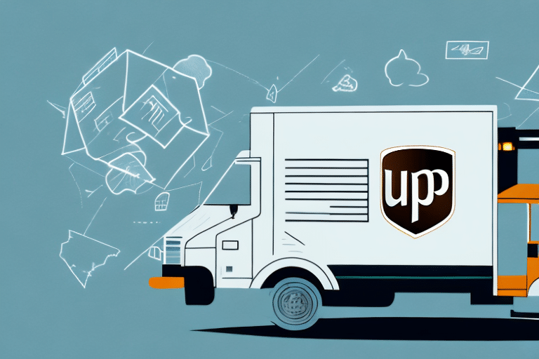 Illustration of a delivery truck with an up shield logo, parked and partly open. The blue background features sketched outlines of houses and boxes, hinting at moving or delivery services. A guide to troubleshooting common causes of UPS Worldship crashes could accompany this scene.