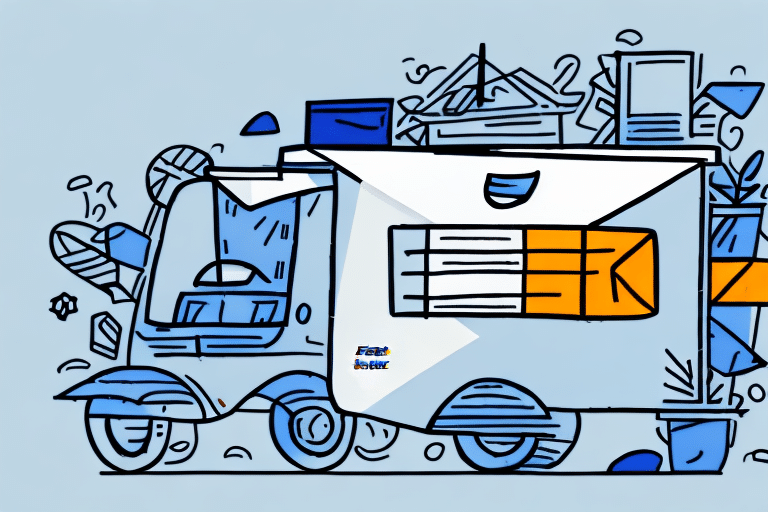 A stylized illustration of a colorful mail truck resembling a FedEx Ship Manager vehicle, with large envelopes and letters scattered around it against a light blue background. The artwork features bold outlines and geometric shapes.