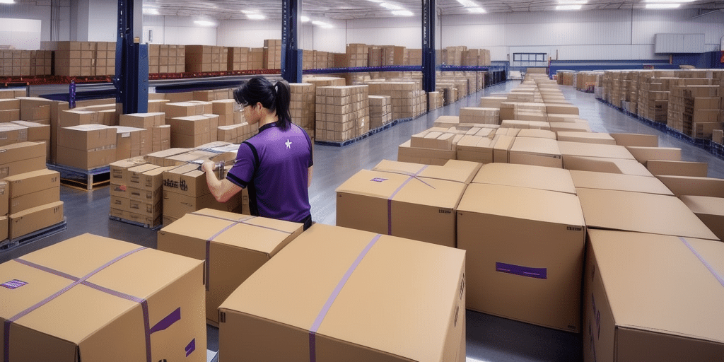 In a spacious warehouse, a worker in a purple uniform efficiently handles large cardboard boxes amidst neatly arranged packages. Utilizing FedEx Ship Managers seamless setup, this well-organized logistics hub ensures swift distribution through its default integration system.