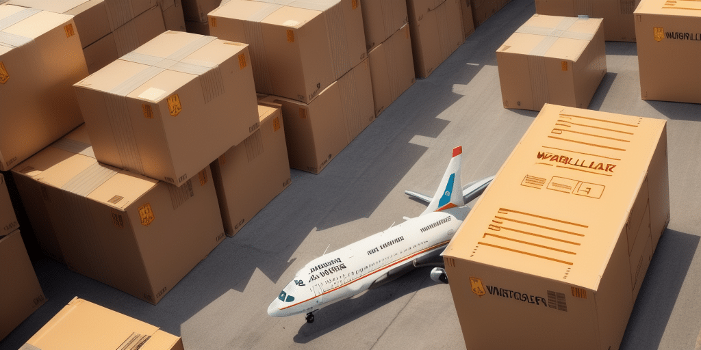 A small passenger airplane is parked on the tarmac, surrounded by oversized cardboard boxes labeled with Worldship UPS logos, emphasizing a striking contrast in scale.