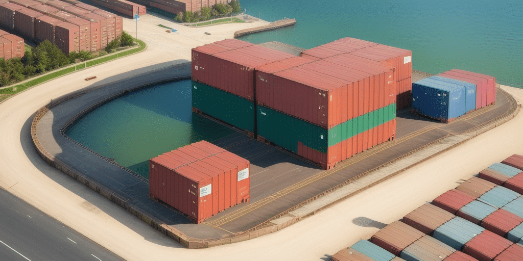 Aerial view of stacked shipping containers beside a water body at a port, resembling an export map location. The multicolored containers—red, green, and blue—are grouped on a paved area. Nearby is a road and rows of additional containers.