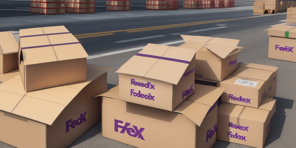 Stacks of cardboard boxes with purple shipping labels, organized using FedEx Ship Manager, are placed on an outdoor concrete surface near a road. More boxes are neatly stacked in the background.