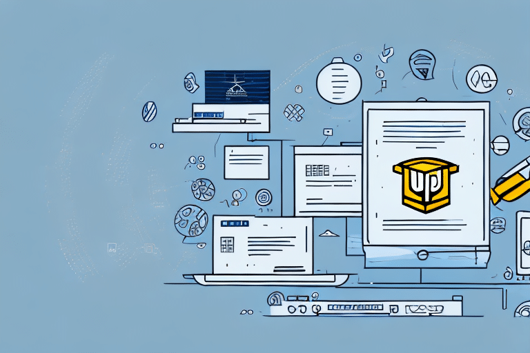 In a digital illustration of a desktop with multiple applications open, featuring graphs, charts, and a document with a yellow box symbol, a stylized hand uses a pencil to interact with the computer. A UPS Worldship interface subtly integrates into the light blue background.