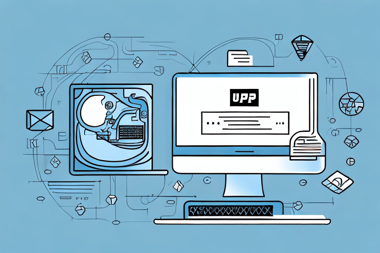 Illustration of a computer with digital icons and circuit elements. A webpage with UPP is displayed on the screen, hinting at troubleshooting. A motherboard and various tech symbols, reminiscent of UPS Worldship interfaces, surround the computer, set against a blue background.