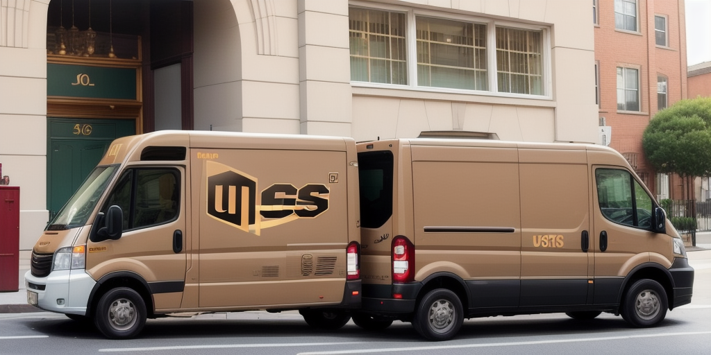 Two beige delivery vans are parked on a city street in front of a building, each displaying the letters USS on their sides. The street is quiet, devoid of pedestrians or other vehicles, reflecting how doubled shipping rates over the last 10 years have impacted urban logistics.