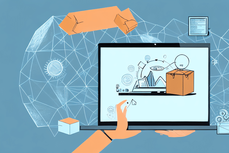 A hand reaches out from a laptop screen, holding a cardboard box, symbolizing UPS WorldShips easy shipping solutions. The laptop displays business graphs and charts, while abstract geometric shapes and documents float in the background, highlighting digital transformation and e-commerce.