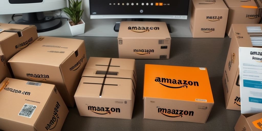 A room filled with various cardboard boxes featuring a playful, altered version of the Amazon logo, labeled amaazon. The scene hints at the innovation of Amazon Robotics. A computer monitor and some office plants are visible in the background.