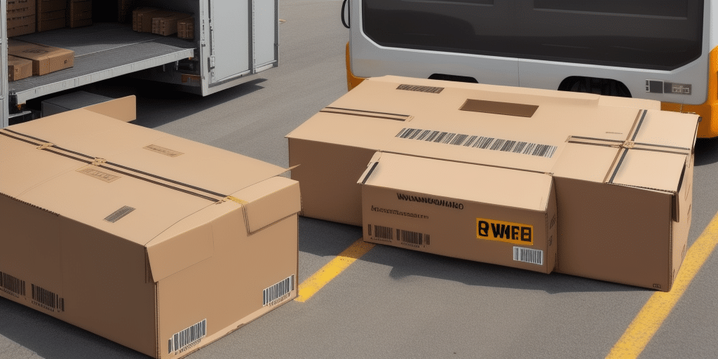 Two large cardboard boxes on the ground in front of an open truck with more boxes inside hint at a busy shipping operation, perhaps utilizing UPS WorldShip for efficiency. The barcodes and labels on the moving boxes make it clear its all part of a delivery scene against a gray pavement backdrop.