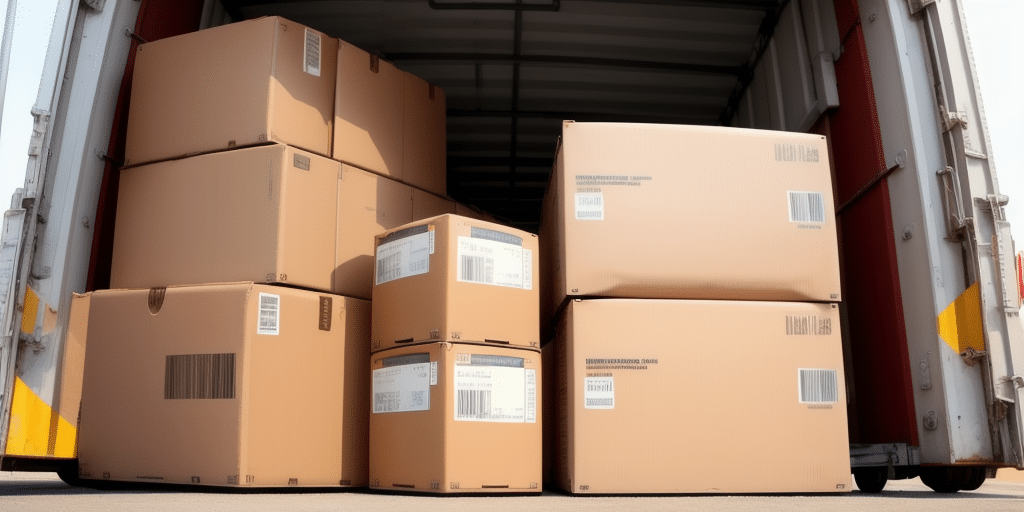 Stacked cardboard boxes inside a shipping container, labeled and barcoded for easy identification with UPS Worldship, ready for transportation or delivery. The open container reveals its organized contents on the concrete ground, prepared to schedule a backup journey.