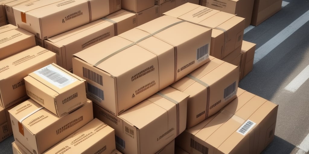 A large stack of cardboard boxes with shipping labels and barcodes is set up in an organized manner, likely in a warehouse or shipping facility using UPS WorldShip. Sunlight casts shadows on the neatly arranged boxes.