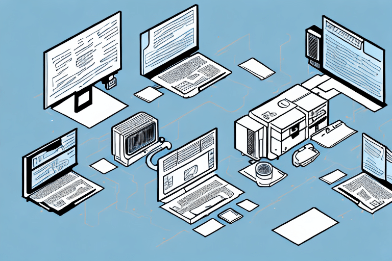 Isometric illustration of a blue workspace buzzing with tech energy, showcasing multiple laptops, monitors, and a printer. Papers and gadgets lie scattered around, embodying a busy environment where professionals are figuring out how to run multiple instances of UPS Worldship efficiently.