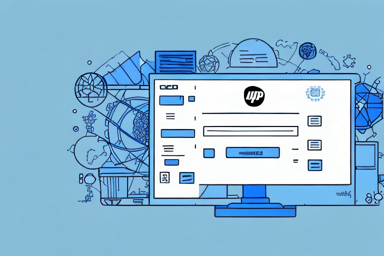 Illustration of a computer screen displaying a user interface with various window elements, hinting at a newer version of software. The background features abstract technology-themed doodles and icons in blue tones, resembling the intricate layers within UPS WorldShip Database.