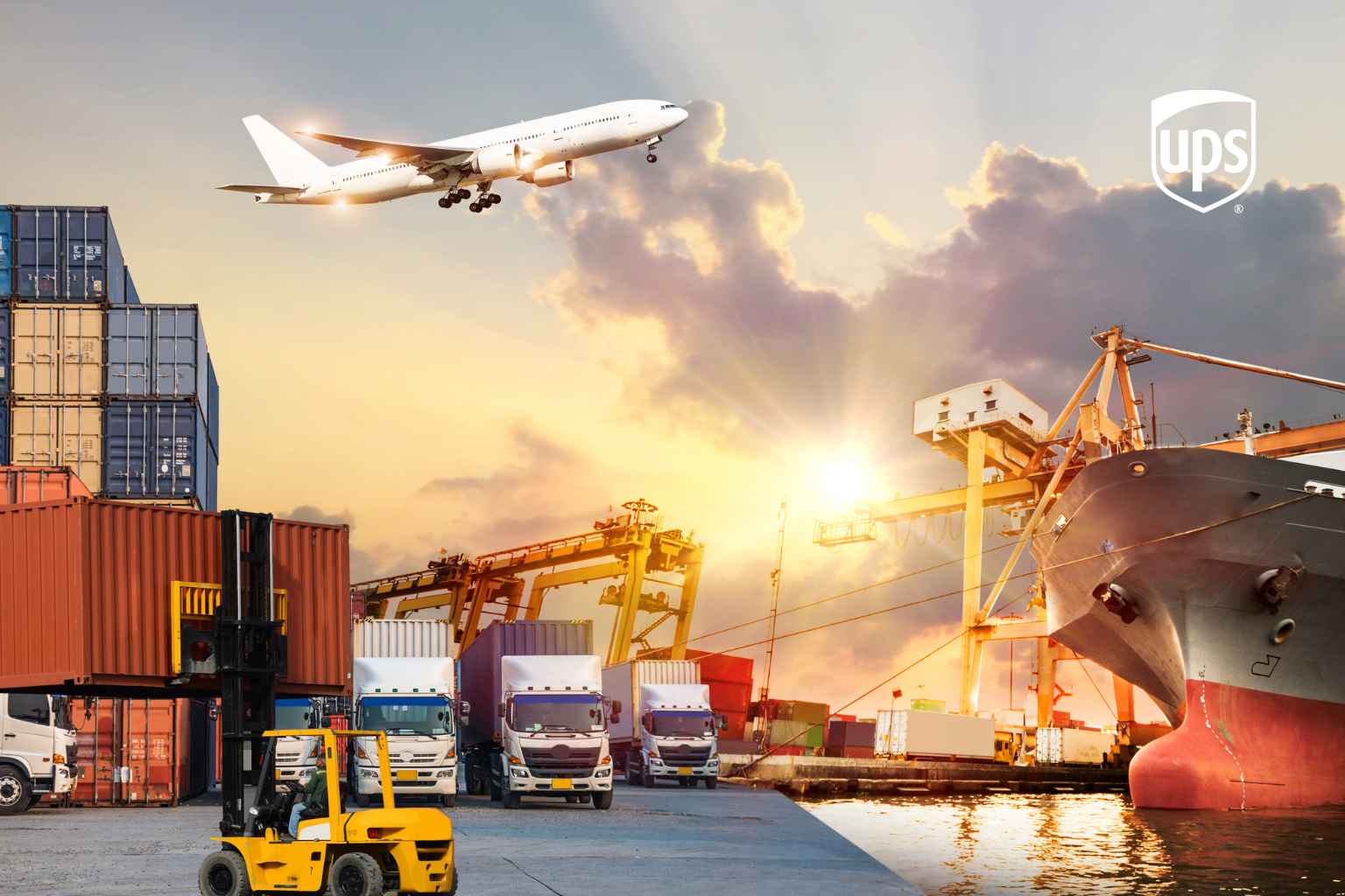 As the sun dips below the horizon, the vibrant port scene comes to life. A cargo ship, stacked shipping containers, and cranes are illuminated in the golden hour. Overhead, a plane makes its end-of-day journey while trucks await loading and a forklift operates under the towering UPS WorldShip logo in the sky.