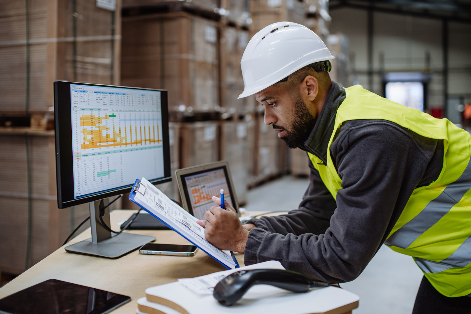 In a bustling warehouse, a man in a white hard hat and yellow safety vest reviews documents on his clipboard. He stands at a desk with two computer monitors, possibly connected to a remote workstation, displaying charts and data. Shelves stacked with boxes loom in the background.