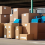 Stacks of large cardboard boxes are piled under an industrial structure, with a blue forklift partially visible among them. The ground is paved, and the boxes have white labels on the sides.