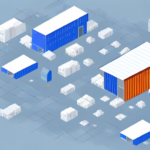 A digital isometric illustration of a warehouse facility layout. The scene features blue and orange buildings on a grid, surrounded by smaller white structures representing various storage units and vehicles. The background is a muted blue-gray.