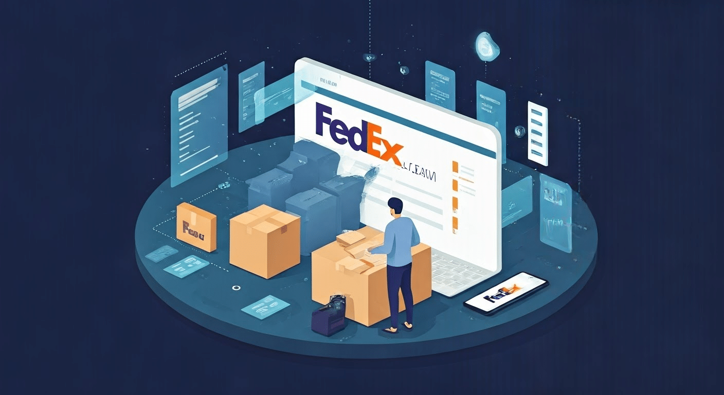 Illustration of a person standing near large FedEx packages and a laptop displaying the FedEx website. Surrounding digital screens show various documents. A tablet with the FedEx logo is on the ground. The scene has a dark blue background.