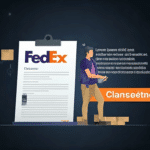 Illustration of a person beside a large clipboard with the FedEx logo, surrounded by packages. There is placeholder text on the clipboard and an orange button labeled Clanseétnetes. The background is dark with digital icons.